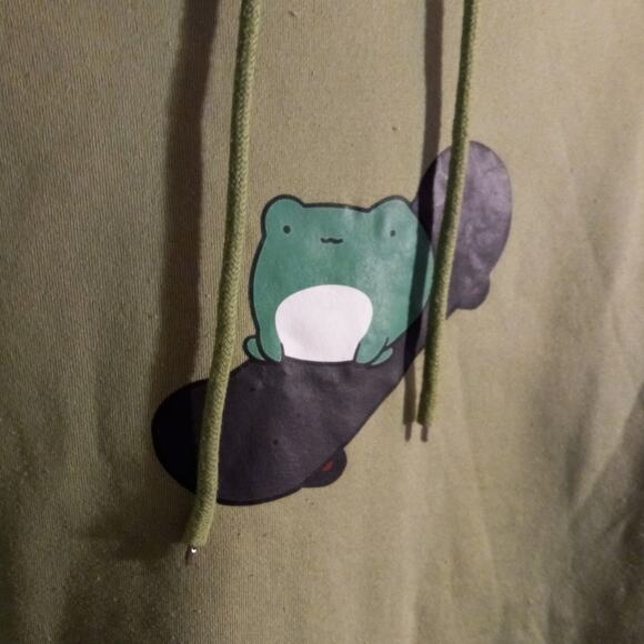 Kawaii Green Animal Patch Hoodie S Fleece Lined Pullover Sweatshirt Bear Frog - Picture 4 of 6